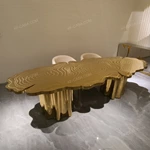 Cloud-Shaped Gold Dining Table with Contour Inlay and Sculptural Draped Pedestals